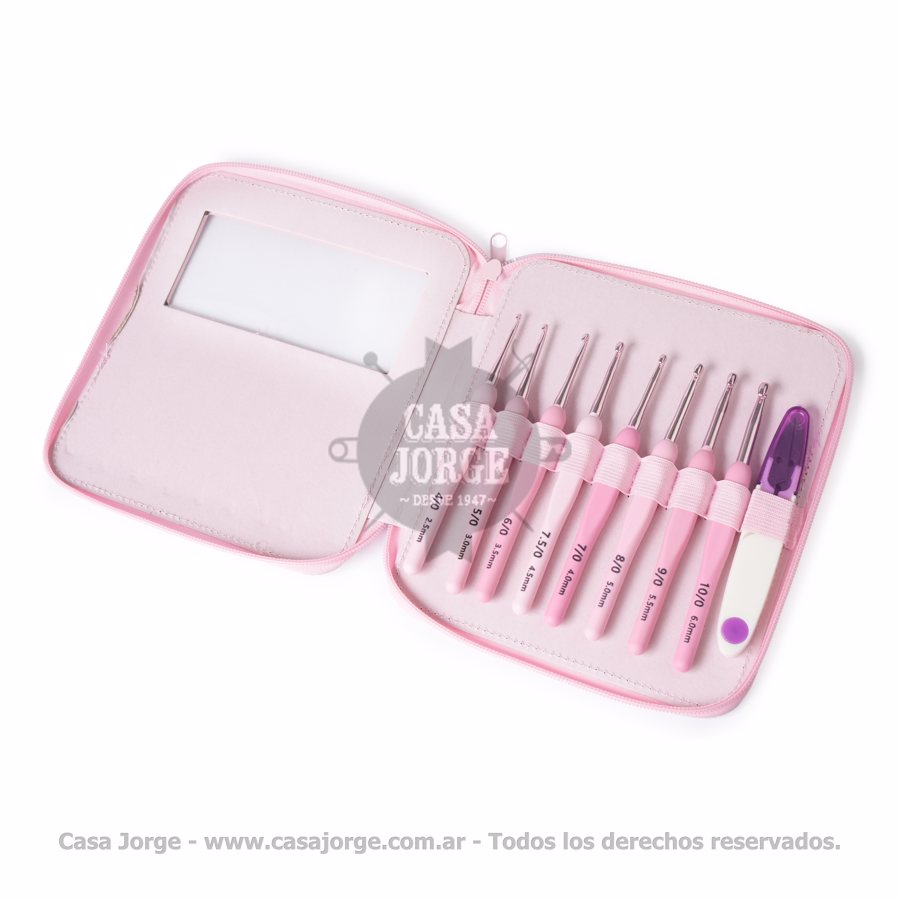 SET 8 AGUJAS CROCHET MANGO ACRILICO + CORTA HILACHA CARTUCHERA ROSA