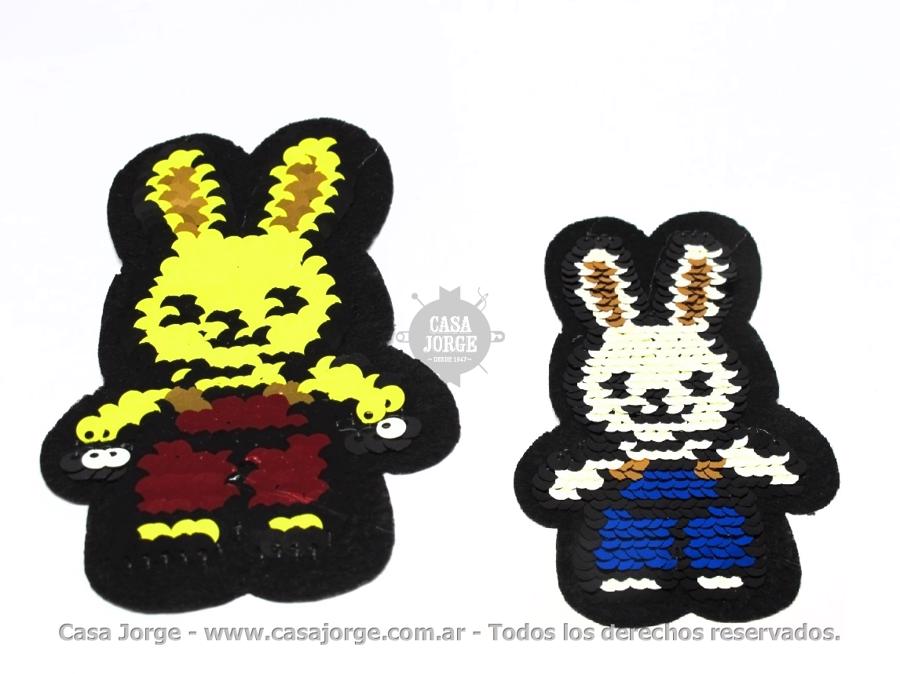 APLIQUES TERMOADHESIVO CONEJITO DE LENTEJUELA REVERSIBLE ART 2702  DE 110 POR 70 MM POR UNIDAD MINIMO 50 UNIDADES