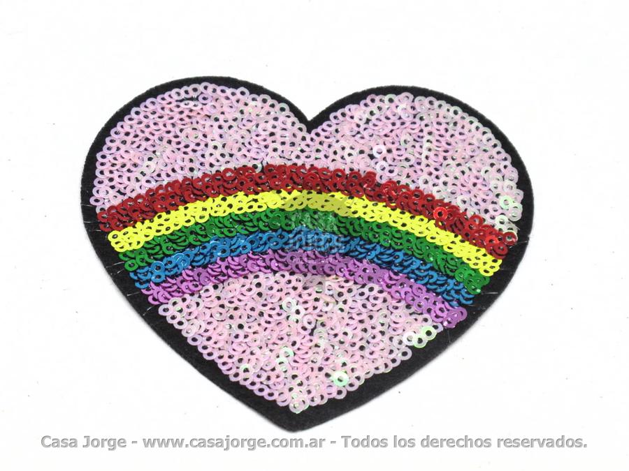 APLIQUES TERMOADHESIVO DE LENTEJUELAS CORAZON ARCO IRIS ART 2558 DE 85 POR 95 MM POR UNIDAD MINIMO 25 UNIDADES