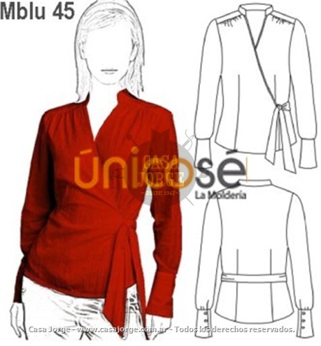 BLUSA CRUZADA MUJER, PUÑO ANCHO, CUELLO MAO, RECOGIDO HOMBROS DELANTEROS. MOLDE: Mblu 45