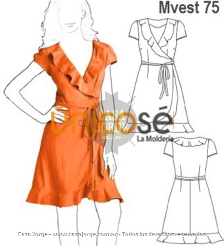 VESTIDO TIPO BATA MUJER, VUELO EN CUELLO Y RUEDO. MOLDE: Mvest 75