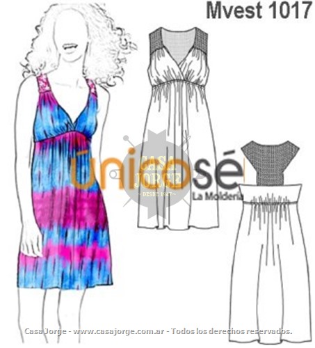 VESTIDO APLICACIÓN ENCAJE MUJER, CORTE BAJO BUSTO Y ESPALDA CON RECOGIDO. MOLDE: Mvest1017